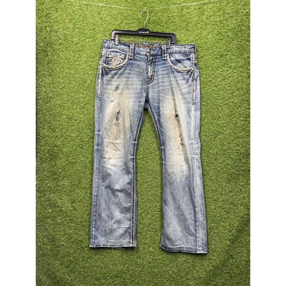 Rock Revival Jeans Mens 38 Kevin Relaxed Straight Distressed Embellished y2k